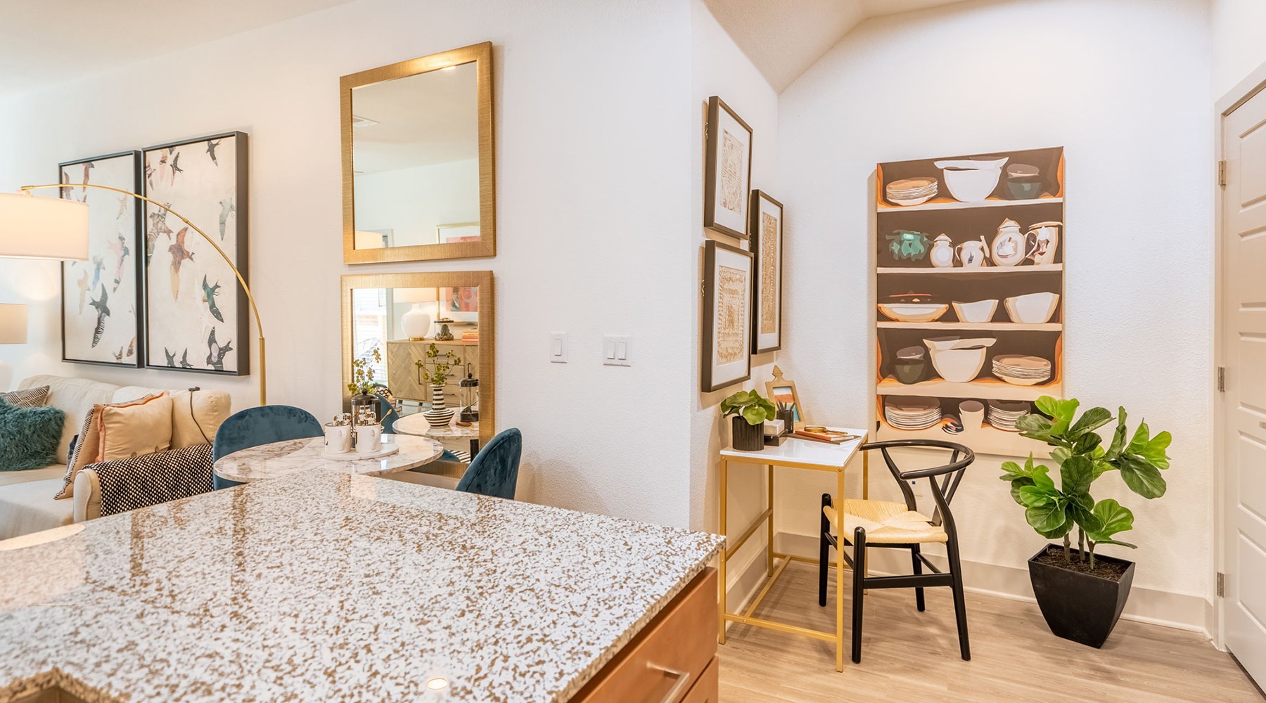 kitchen counter with white walls