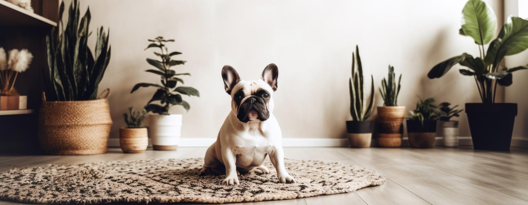 a dog sitting on a rug